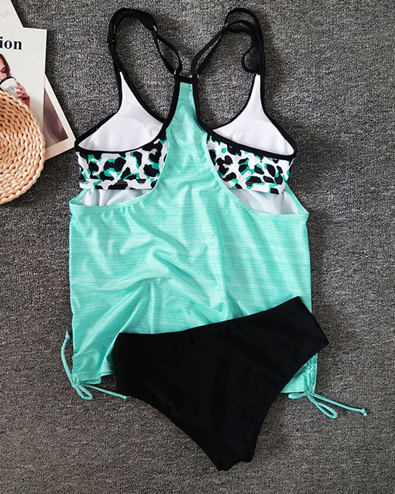 Lisbet  | Solid Color Tankini with Leopard Print