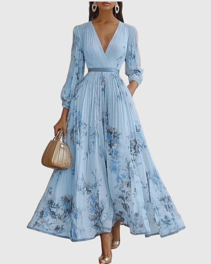 Elodie | Women’s Floral Pleated Maxi Dress with V-Neckline