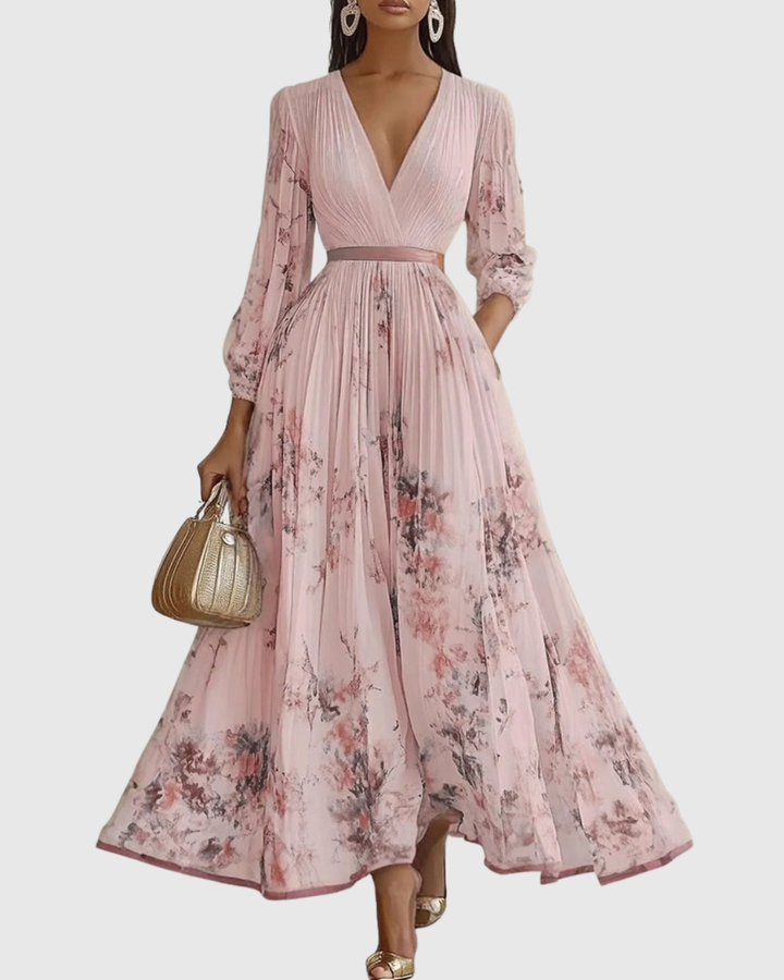 Elodie | Women’s Floral Pleated Maxi Dress with V-Neckline