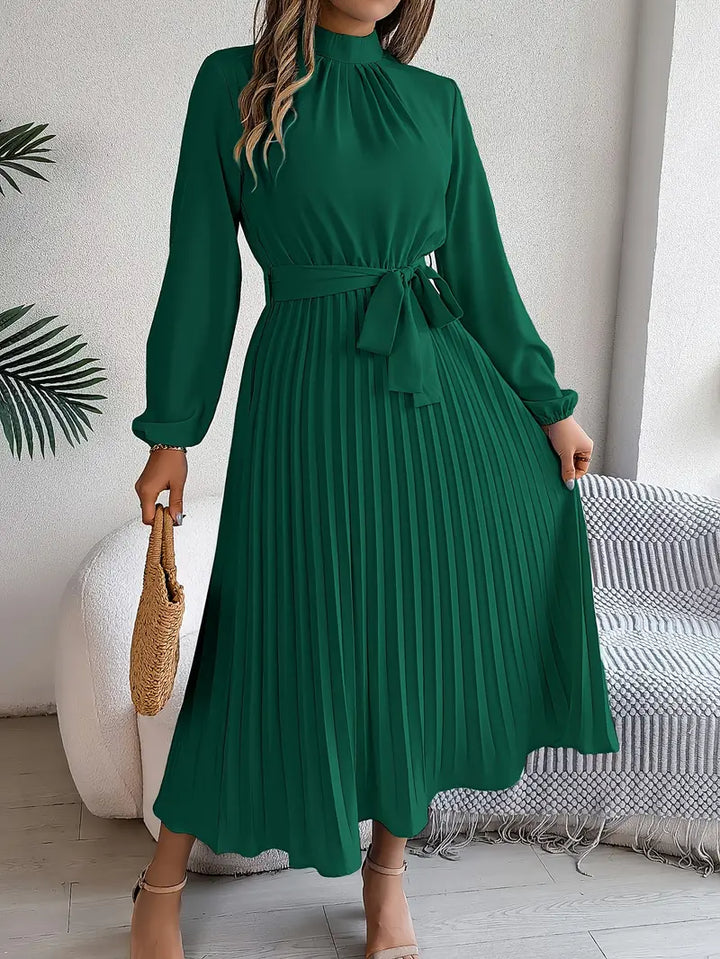 Amelia | Women's Long Sleeve Pleated Midi Dress with Belted Waist