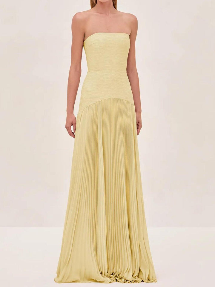 Lena | Women's Strapless Pleated Maxi Dress with Fitted Bodice