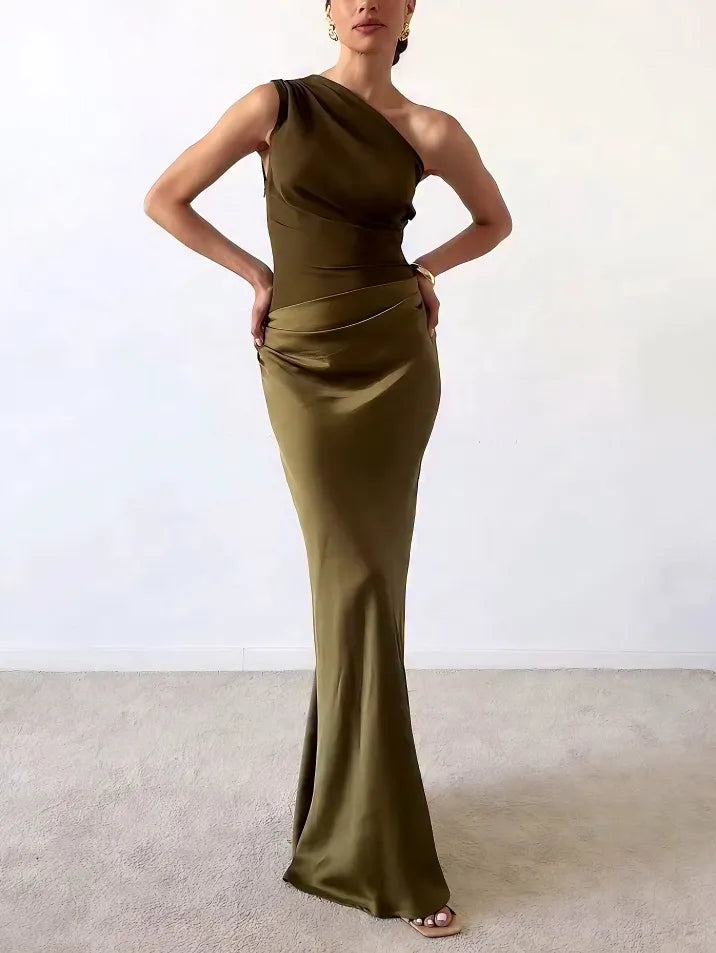 Amara | Women's One Shoulder Pleated Maxi Dress