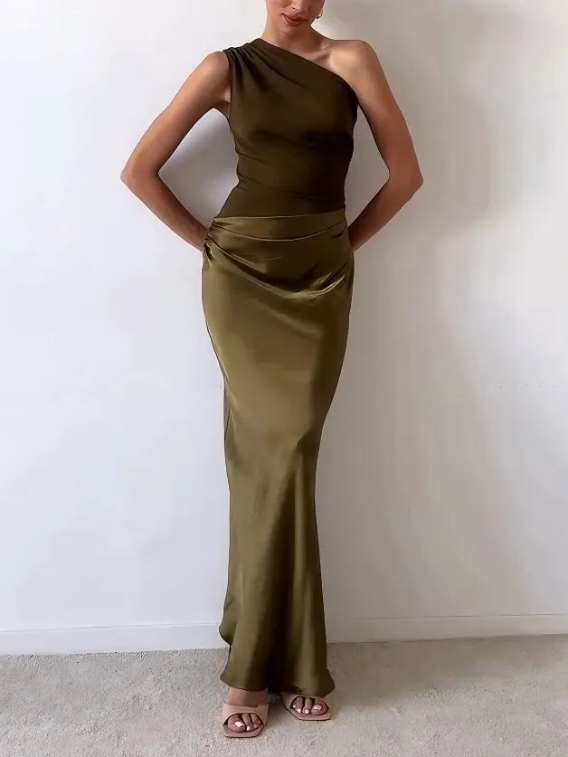 Amara | Women's One Shoulder Pleated Maxi Dress