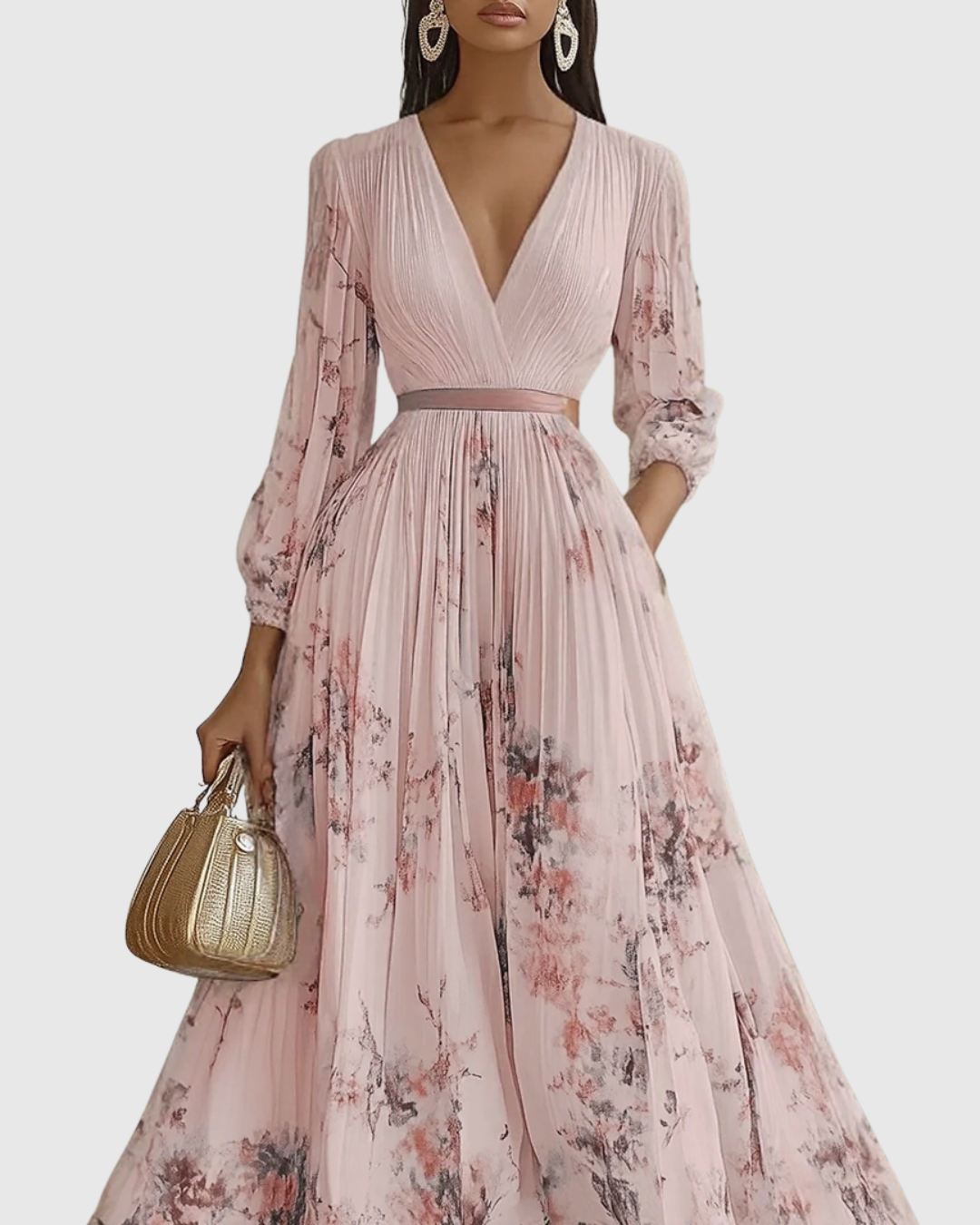 Elodie | Women’s Floral Pleated Maxi Dress with V-Neckline
