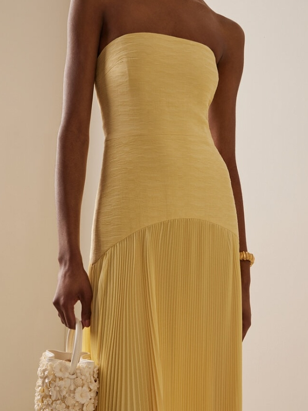 Lena | Women's Strapless Pleated Maxi Dress with Fitted Bodice