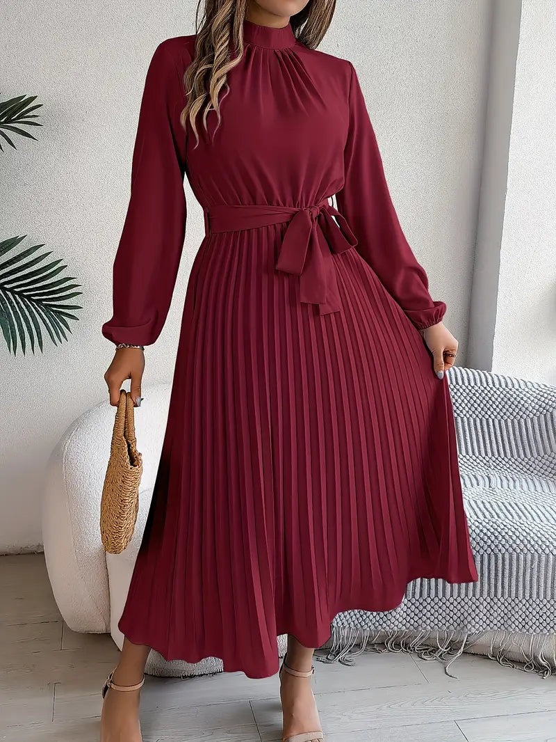 Amelia | Women's Long Sleeve Pleated Midi Dress with Belted Waist