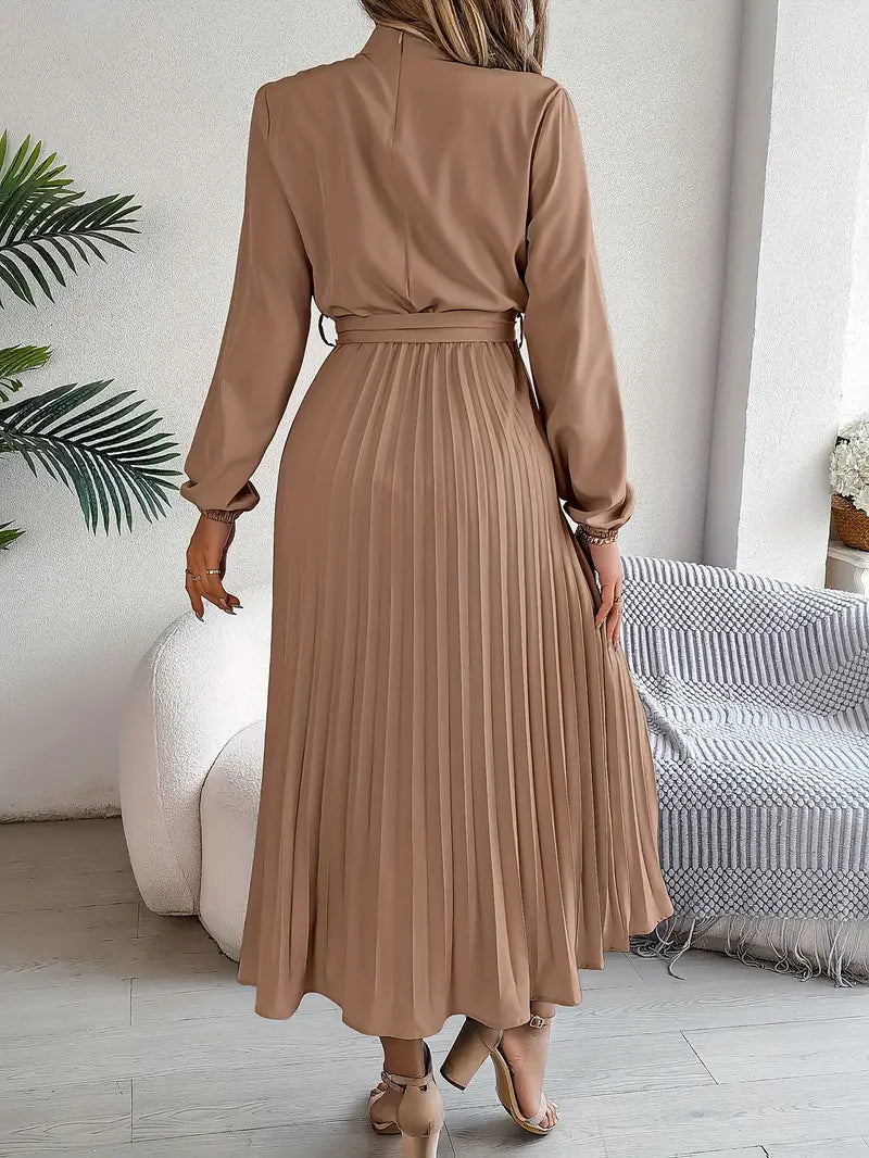 Amelia | Women's Long Sleeve Pleated Midi Dress with Belted Waist