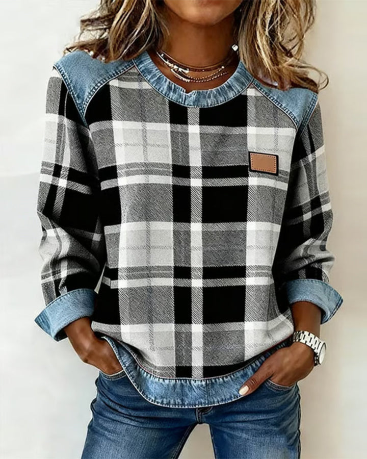 Vera | Soft Plaid Denim-Trim Pullover