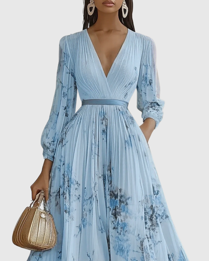 Elodie | Women’s Floral Pleated Maxi Dress with V-Neckline