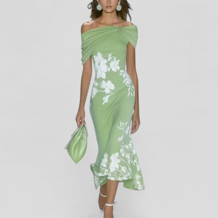 Celeste | Women’s Off Shoulder Floral Midi Dress with Draped Neckline
