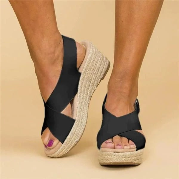 Black Aeris women's wedge platform sandals with crossover straps and an open toe, perfect for warm-weather styling.