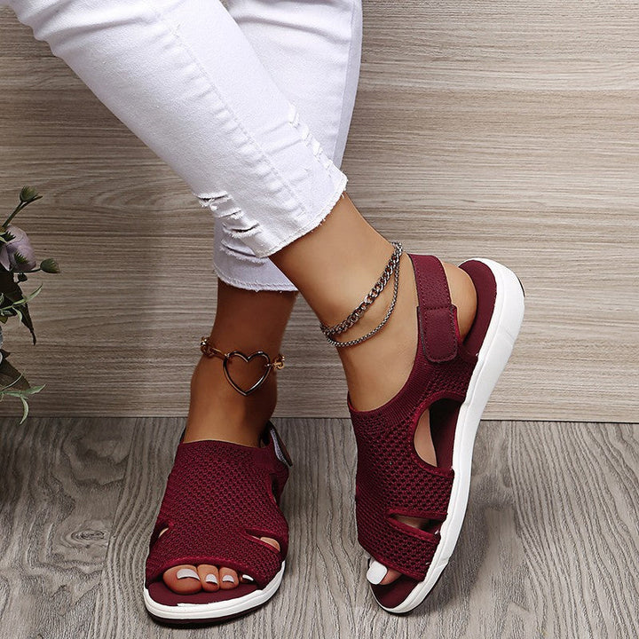 Amiel women's open-toe slingback sport sandals in a rich burgundy knit, featuring a white sporty sole.