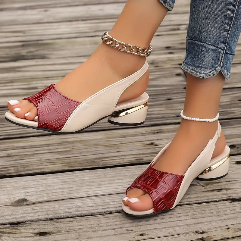 Audrey low block heel slingback sandals with a red croc-embossed open toe and cream upper.