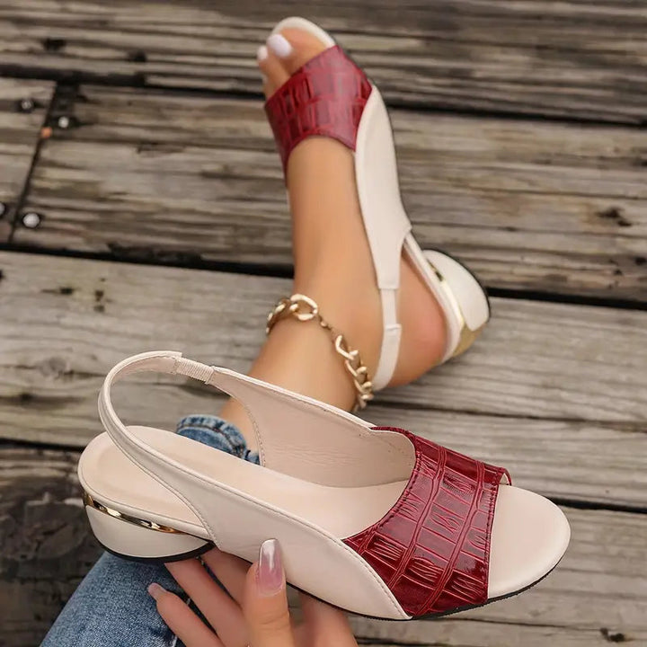 Audrey women's low block heel slingback sandals in red croc-embossed and cream, with an open toe.