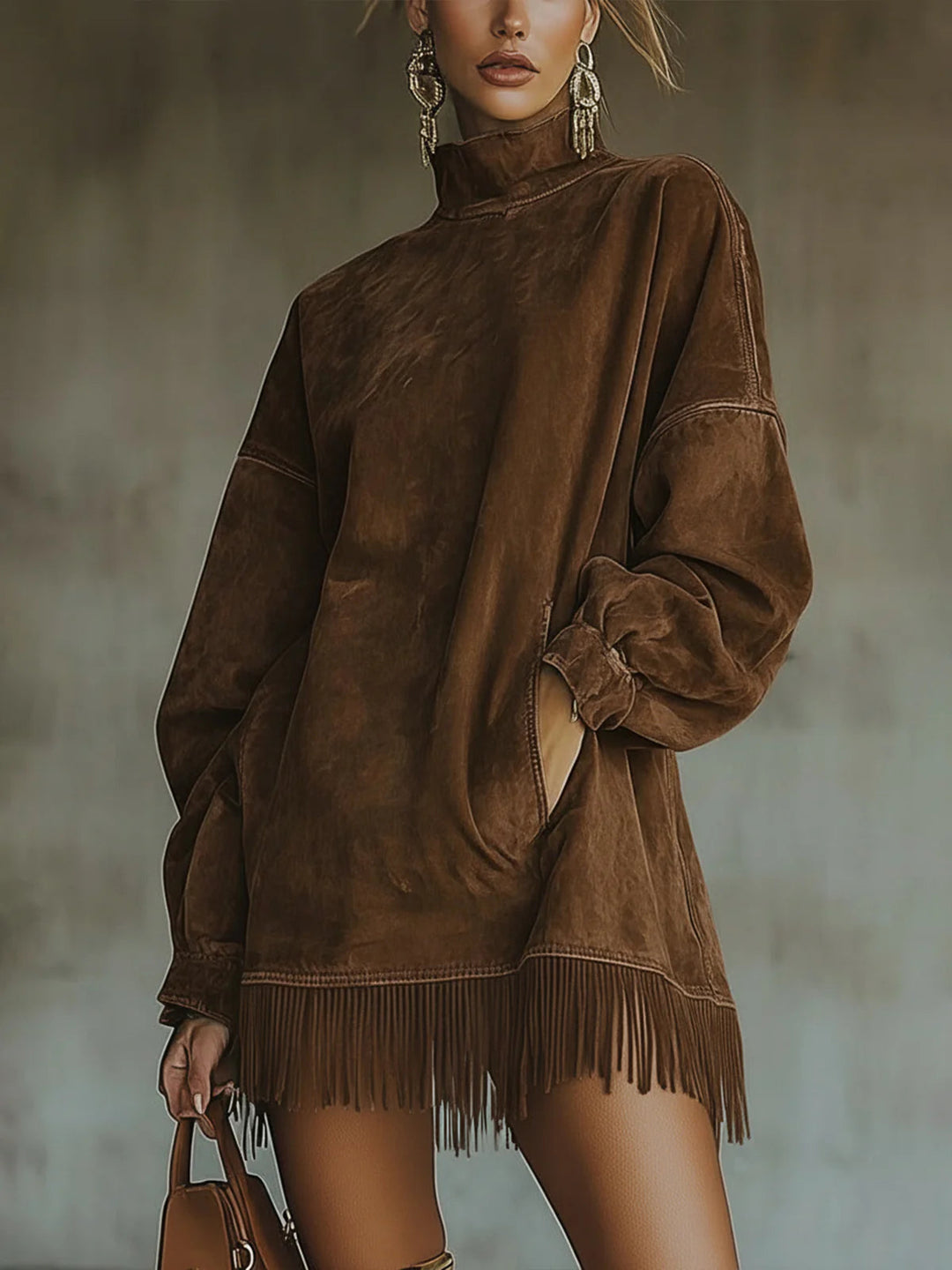 Crystal | Women's Fringe Mini Dress with Mock Neck and Pockets