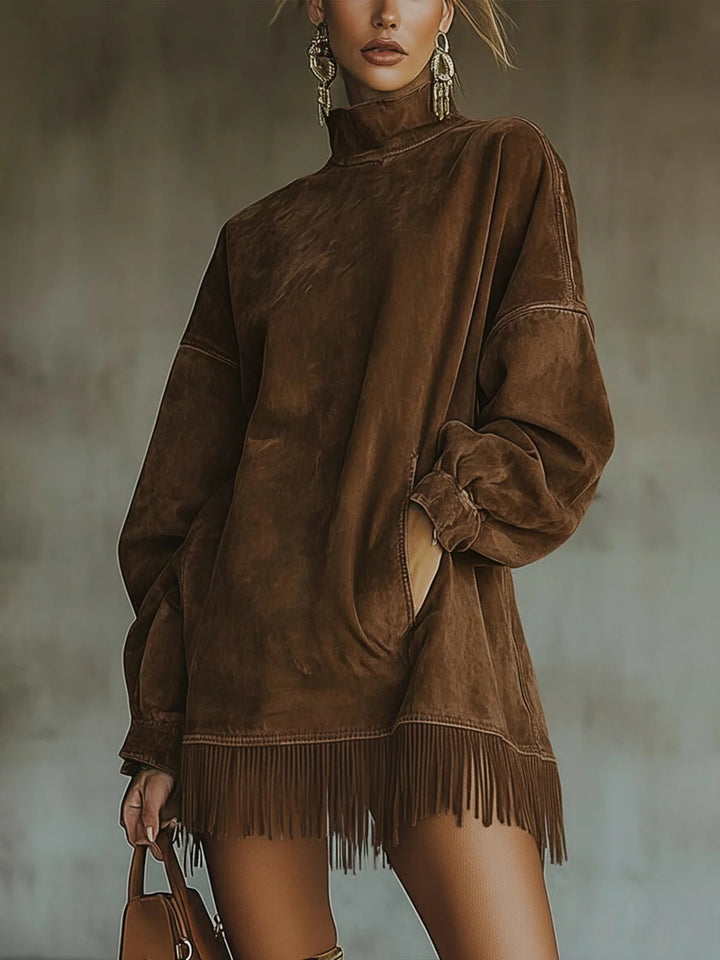 Crystal | Women's Fringe Mini Dress with Mock Neck and Pockets