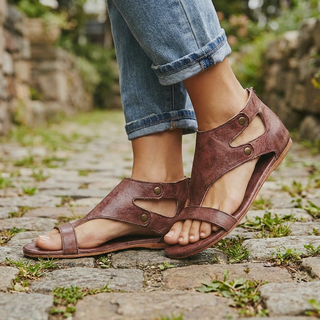 Women's Delaney cutout orthopedic ankle sandals in versatile brown leather, offering supportive comfort.