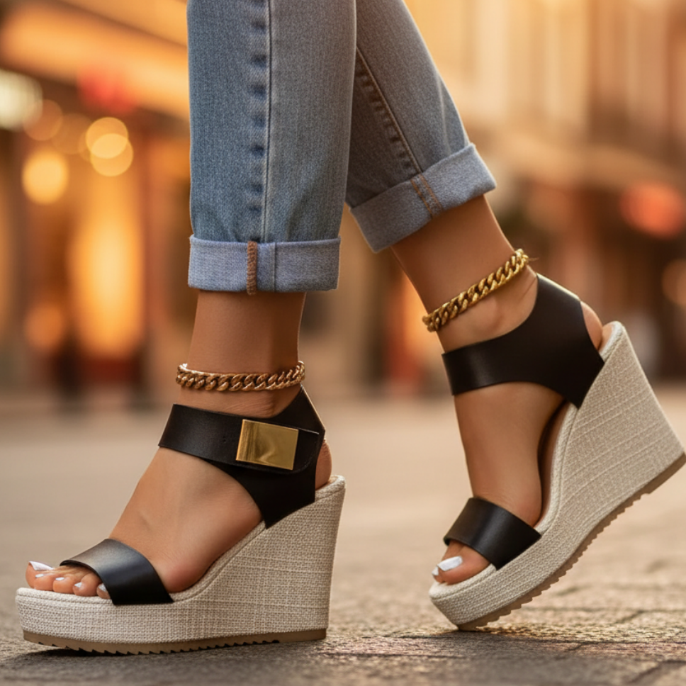 Black Elaris wedge platform sandals with wide straps, gold buckle, and textured sole.