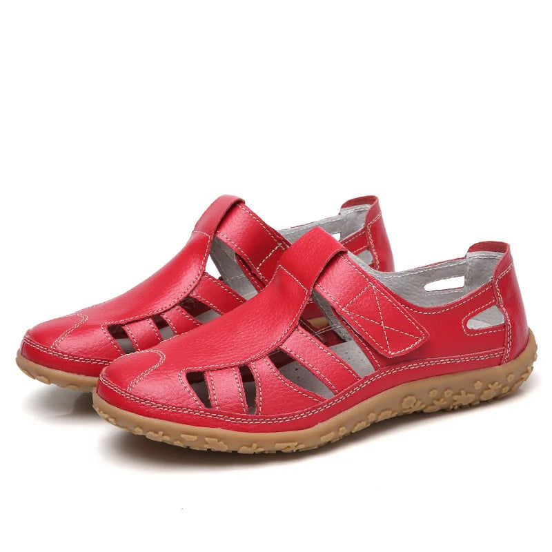 Vibrant red Emma closed-toe orthopedic walking sandals with adjustable strap and supportive sole for everyday comfort.