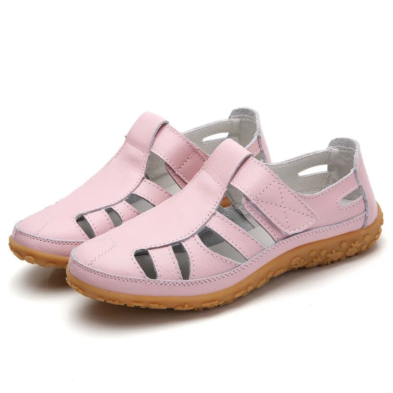 Emma women's closed-toe orthopedic walking sandals in soft pink leather with adjustable straps and a supportive sole.