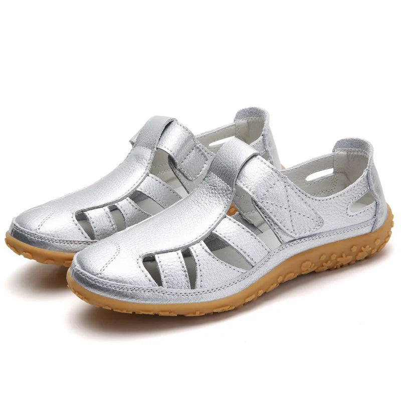Silver Emma women's closed-toe orthopedic walking sandals with adjustable straps and supportive soles.