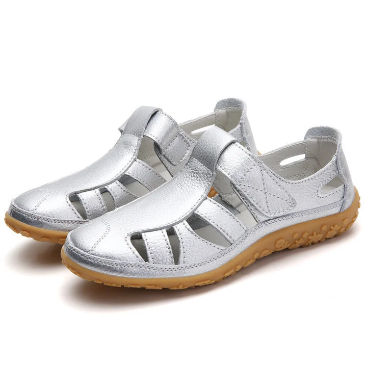 Silver Emma women's closed-toe orthopedic walking sandals with adjustable straps and supportive soles.