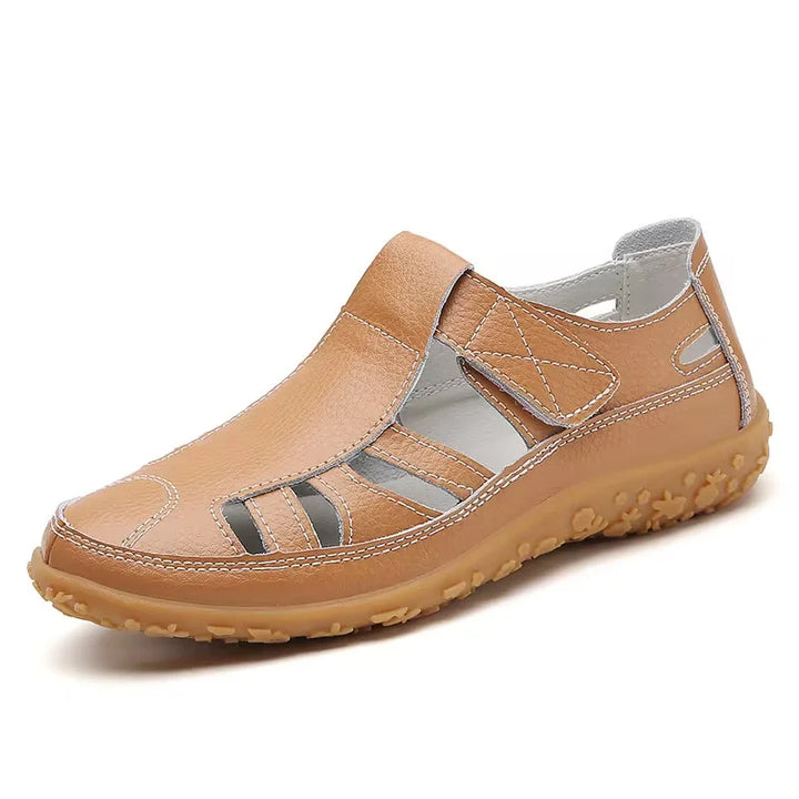 Emma women's closed-toe orthopedic walking sandals in tan leather with adjustable strap and supportive sole.