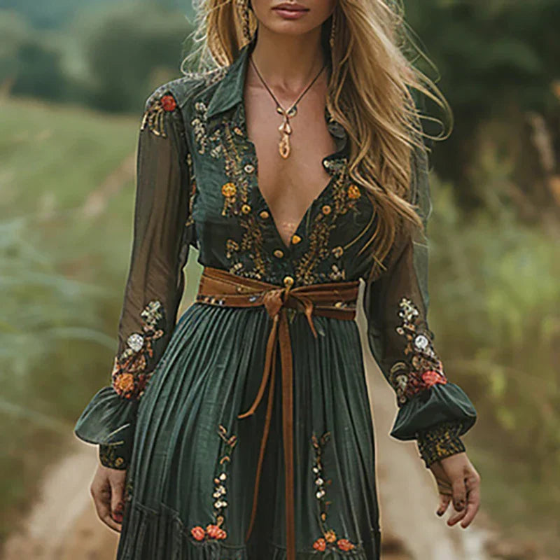 Clara | Women's Embroidered V-Neck Maxi Dress with Belted Waist