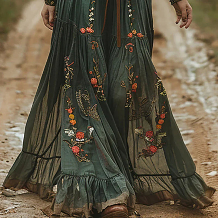 Clara | Women's Embroidered V-Neck Maxi Dress with Belted Waist