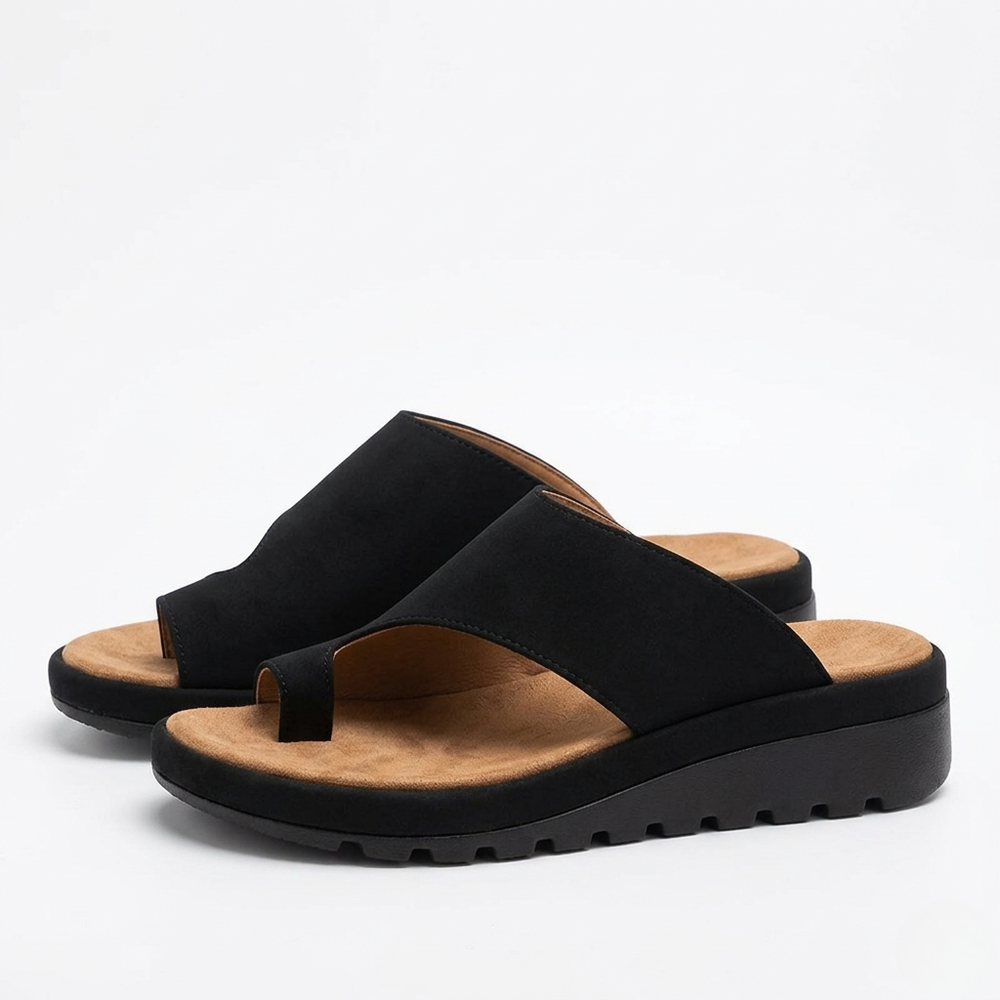 Black Kai women's platform toe ring slide sandals with a cushioned footbed and slip-on design.