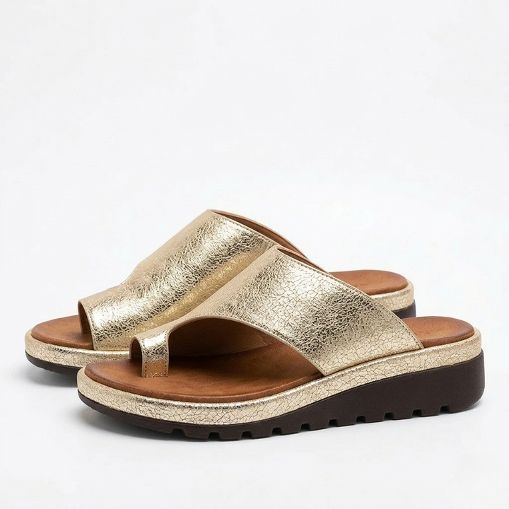 Gold Kai women's platform toe ring slide sandals with a cushioned footbed and textured sole.