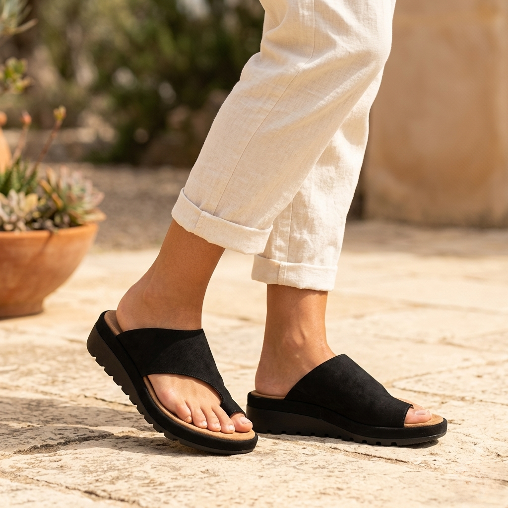 Black suede Kai platform toe ring slide sandals with cushioned footbed, perfect for warm-weather styling.