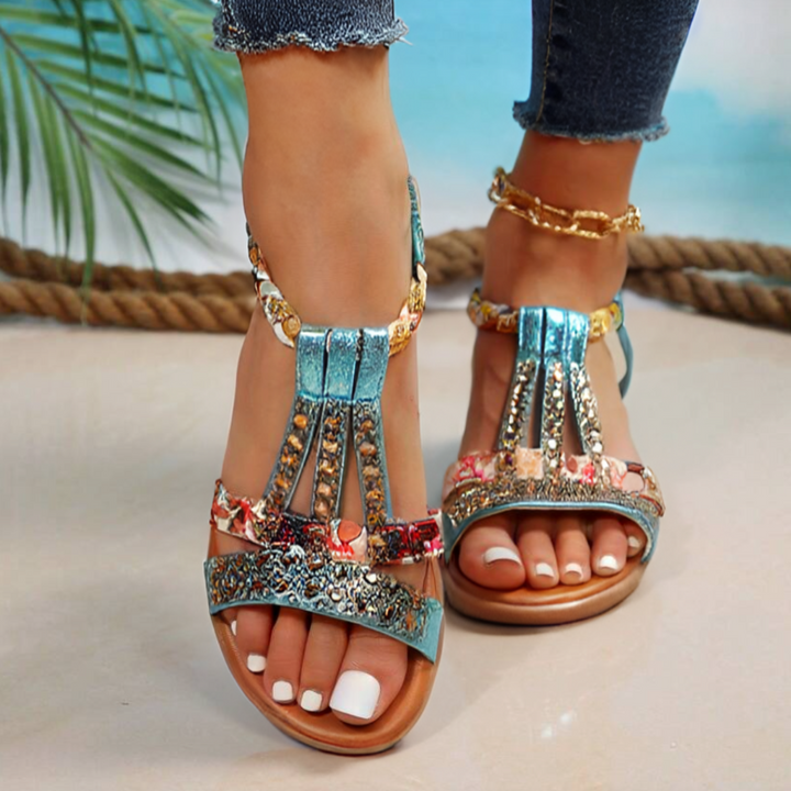 Women's Madeline beaded open toe wedge sandals in vibrant blue with colorful straps, perfect for sunny days.