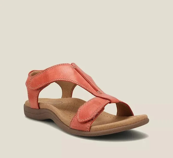 Maureen women's open-toe back strap sandals in a warm coral hue with adjustable straps and a flat sole.