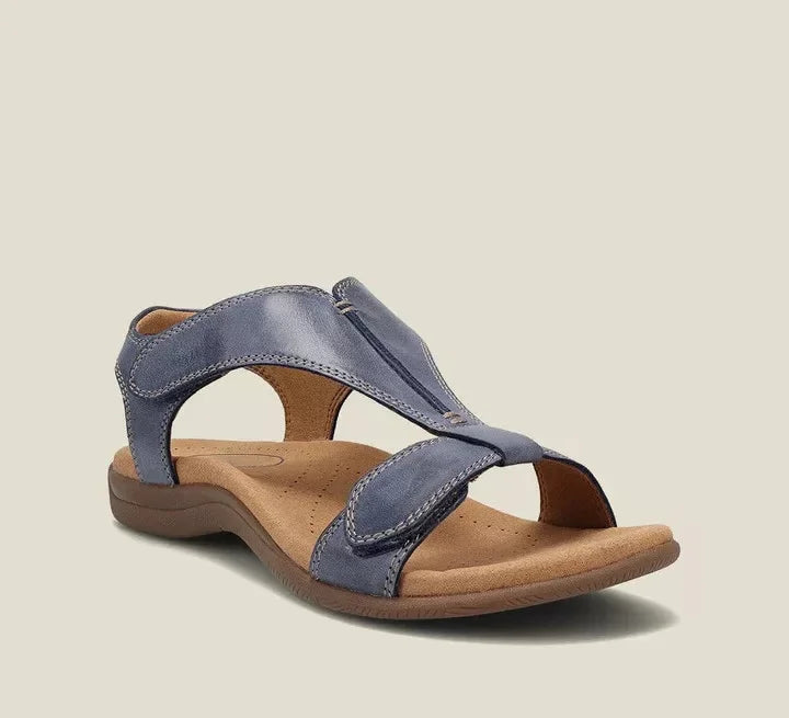 Maureen women's open-toe back strap sandals in dusty blue with adjustable straps and a flat sole.