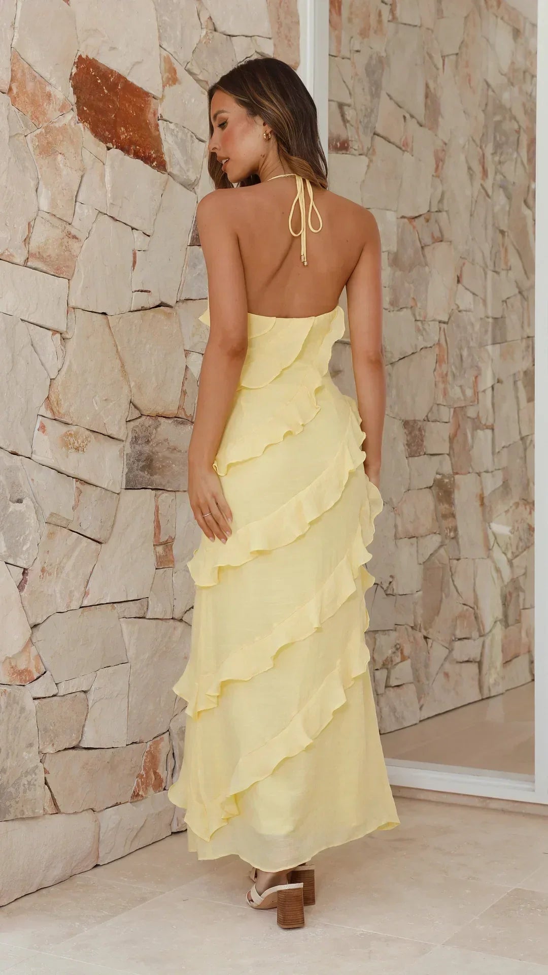 Maya | Women's Halter Ruffle Maxi Dress with V-Neck