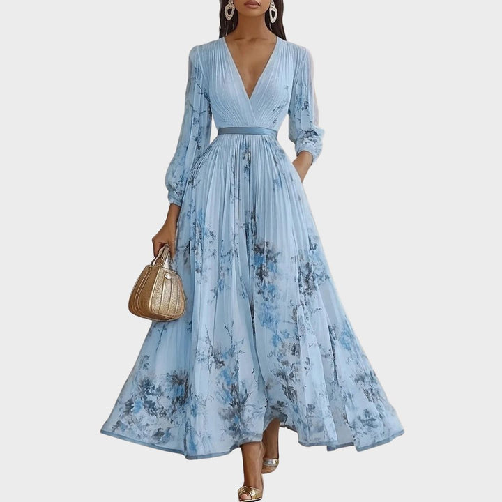Elodie | Women’s Floral Pleated Maxi Dress with V-Neckline