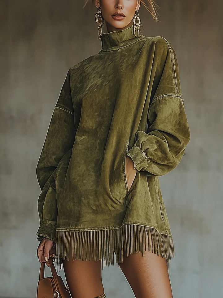 Crystal | Women's Fringe Mini Dress with Mock Neck and Pockets