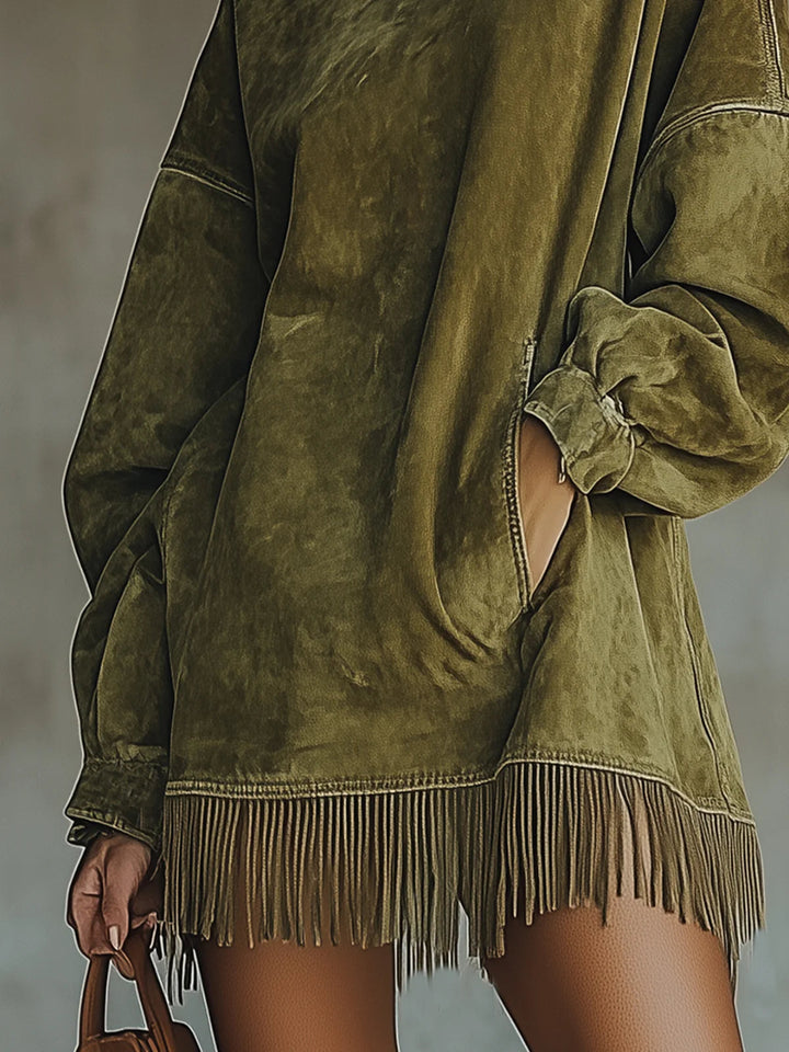 Crystal | Women's Fringe Mini Dress with Mock Neck and Pockets
