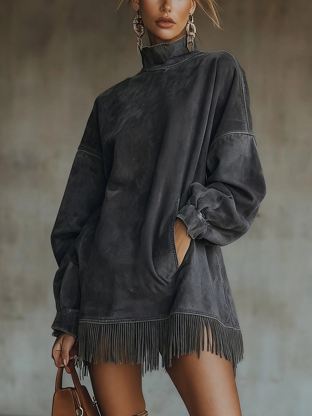 Crystal | Women's Fringe Mini Dress with Mock Neck and Pockets