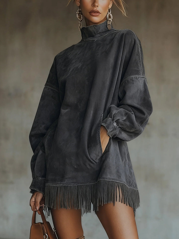 Crystal | Women's Fringe Mini Dress with Mock Neck and Pockets