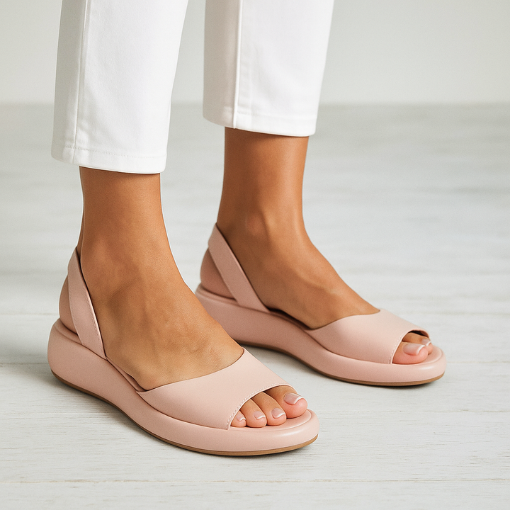 Ottilie women's blush pink open-toe slingback sandals with a low platform sole, perfect for effortless summer styling.