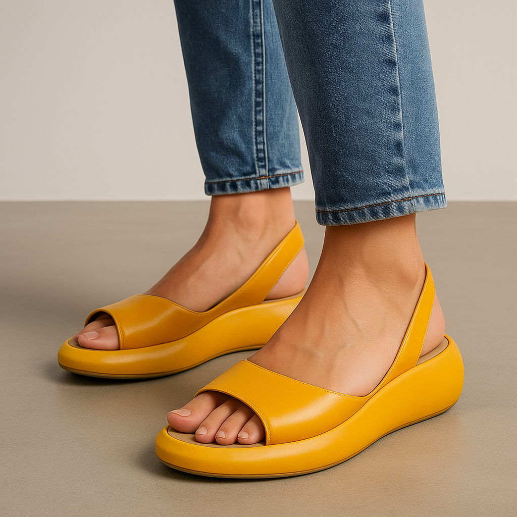 Ottilie women's open-toe slingback sandals in vibrant yellow leather with a low platform sole.