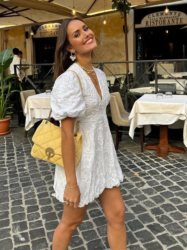 Amber | Women's White Embroidered Mini Dress with Puff Sleeves