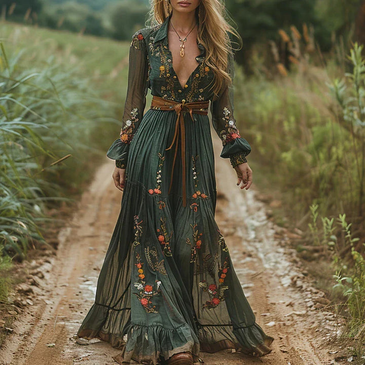 Clara | Women's Embroidered V-Neck Maxi Dress with Belted Waist