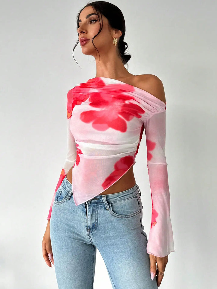 Beatriz | Bold Print Diagonal Mesh Top