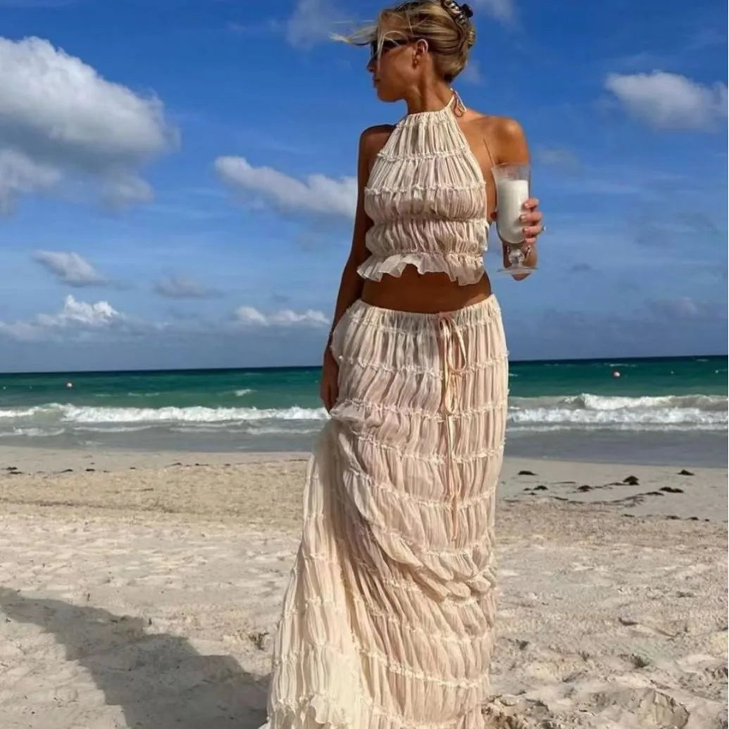 Talia | Backless Halterneck Top & Pleated Skirt