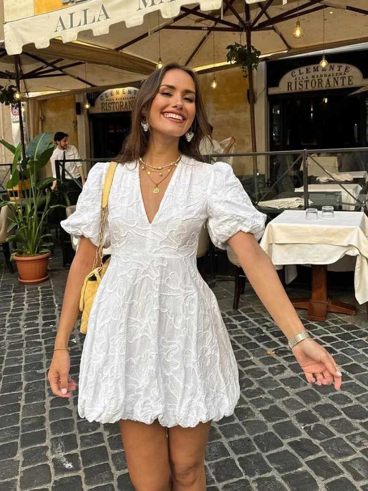 Amber | Women's White Embroidered Mini Dress with Puff Sleeves
