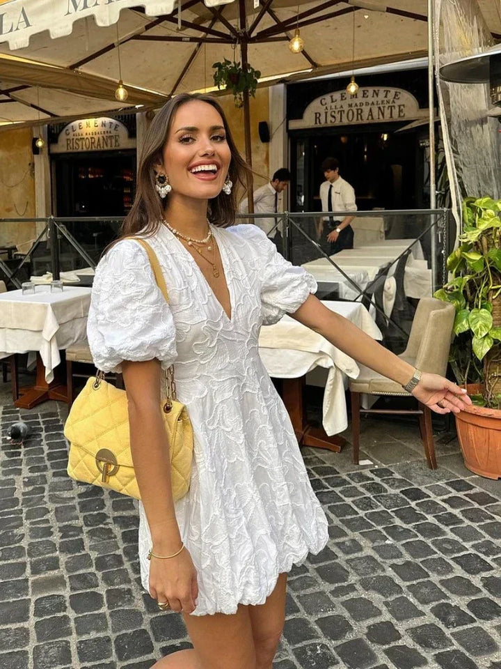 Amber | Women's White Embroidered Mini Dress with Puff Sleeves
