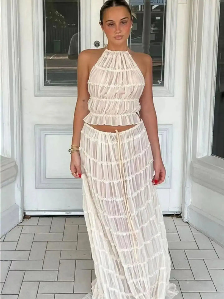 Talia | Backless Halterneck Top & Pleated Skirt